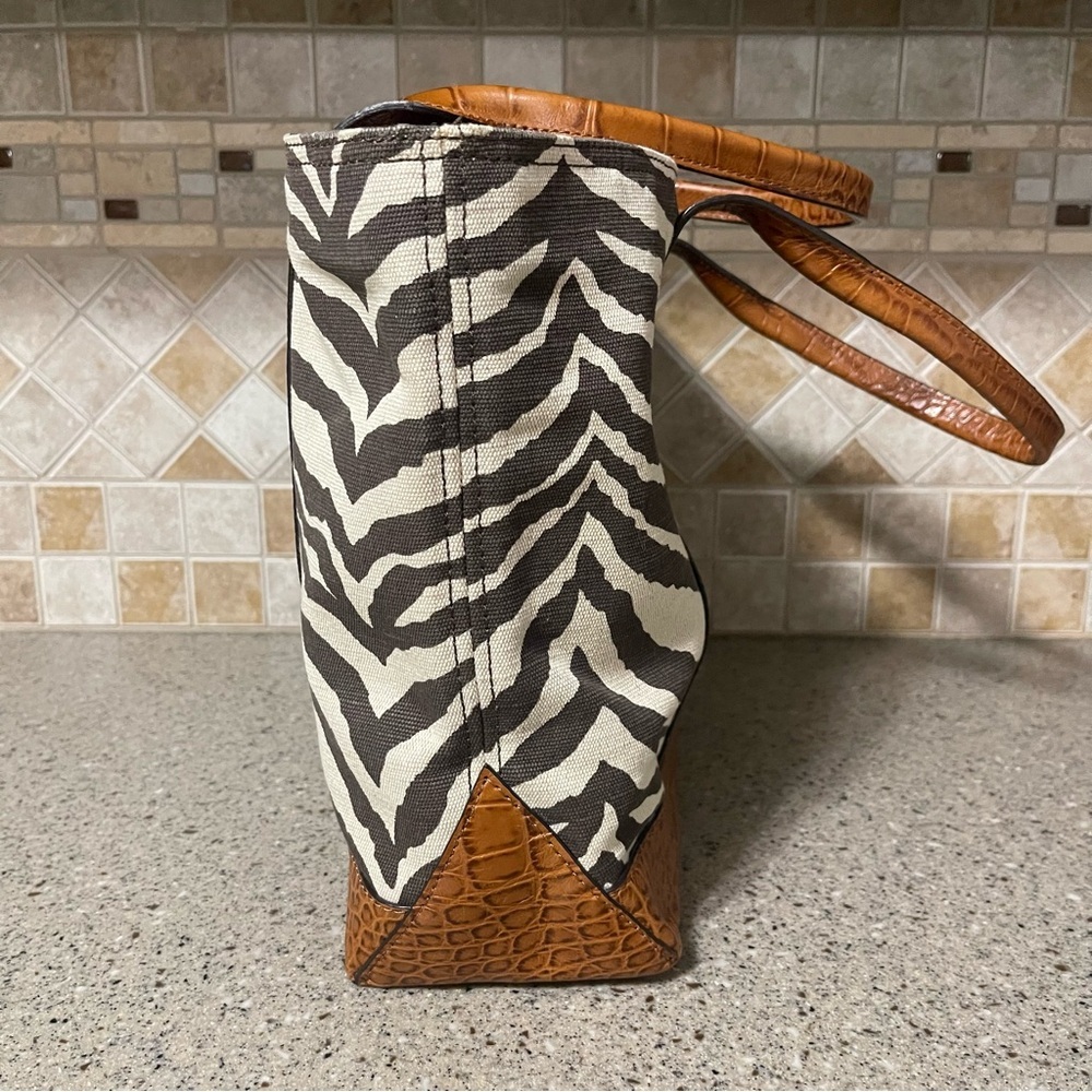 Michael Kors Zebra Print Canvas and Croc Trim Leather Tote Shoulder Handbag - Picture 5 of 16